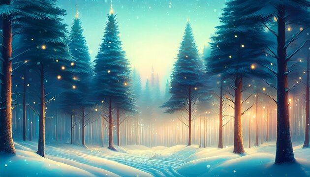Winter Wonderland Magical Pine Forest With Glowing Lights Mist And Mood Snowy Wintery Woodland Treeline In Wide Header Banner Illustration