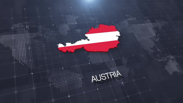 Austria map with national flag on digital world map background, geographic border, global political and international news concept