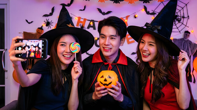 Group of happy friends wearing witch hats taking a fun selfie at halloween party