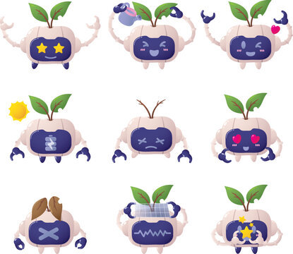 Cute robot plants with green leaves and expressive faces