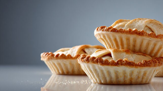 A clean commercial bakery composition with pie slices positioned along one side of a neutral background leaving large premium copy space