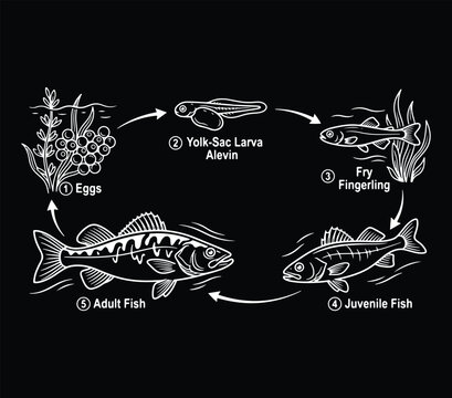 Educational diagram showing the complete natural life cycle of a freshwater fish species through developmental stages starting from eggs and hatching into larva then fry and finally into mature