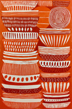 Vibrant orange linocut artwork featuring stacks of mismatched patterned ceramic bowls and plates