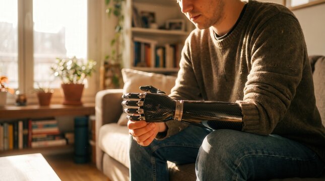 Man with advanced prosthetic arm in a sunlit home looking at his bionic hand for rehabilitation and disability technology use.