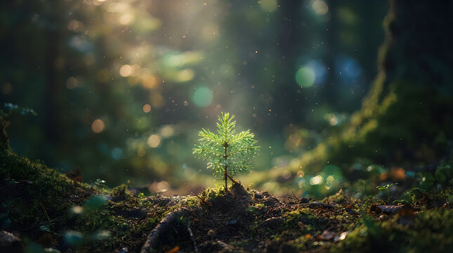 Small green pine seedling growing in forest soil with soft sunlight and bokeh