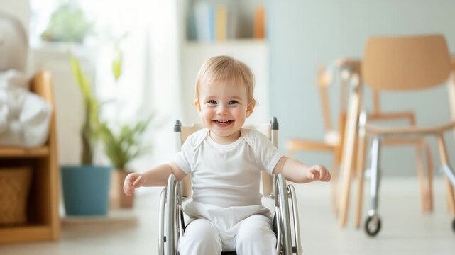 Joyful baby in wheelchair laughing in bright living room