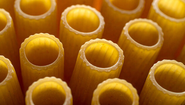 Close up macro shot of raw rigatoni pasta tubes arranged in a pattern. Macro photography focusing on rows of dried uncooked Italian rigatoni pasta tubes showing rich golden wheat texture and details.