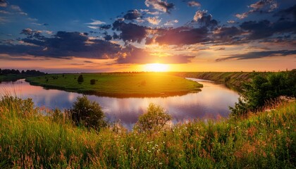 Naklejka premium Fantastic Sunset Evening Sun Over River Colorful Sky Majestic Summer Landscape Dramatic Picturesque Summer Scene Beauty In The World