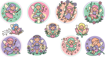 Cute Garden Fairy Sticker Vector Collection Featuring Little Magical Girls Flying with Wands, Swinging on Flowers, and Sitting inside Lotus Blooms