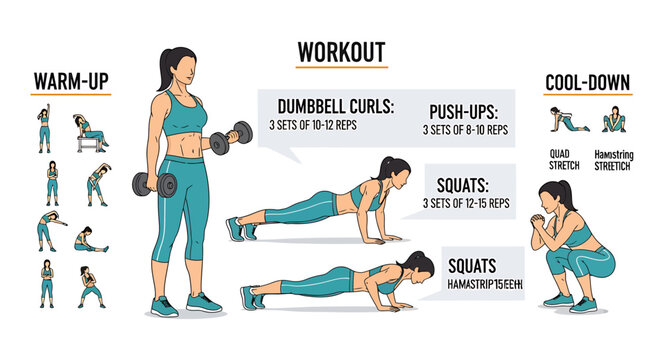 Vector illustration of a complete workout routine infographic for women featuring warm up exercises and cool down stretches.