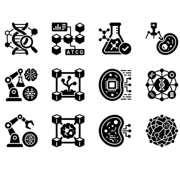 Set of Biotechnology and Bioinformatics Icons for Scientific Research.