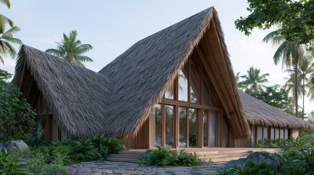 Beautiful tropical house with a thatched roof. the house is surrounded by lush greenery and palm trees, creating a peaceful and serene atmosphere.