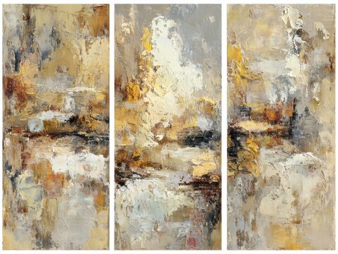 Triptych abstract oil painting with textured gold and grey tones