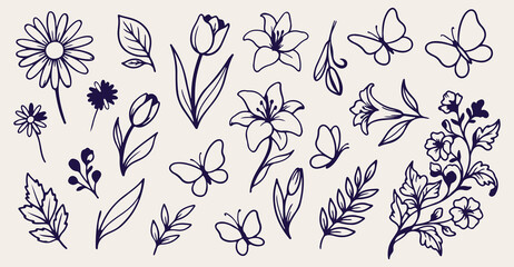 Obraz premium Spring Tulip Lily Botanical, Hand Drawn Flower Butterfly Line Art, Floral Garden Seamless Pattern, Vintage Nature Sketch Wallpaper, Wildflower Blossom Doodle Background, Elegant Botanical Flower Print
