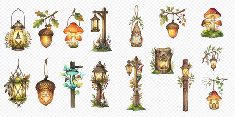 Watercolor collection of whimsical fairy tale lanterns, glowing mushrooms, and acorn lights, perfect for fantasy illustrations and magical designs. © Ytaja