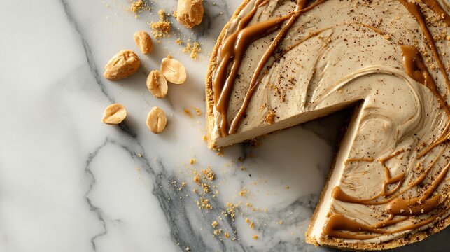 A modern flat lay of peanut butter pie styled asymmetrically on a marble surface with refined editorial composition and subtle reflections