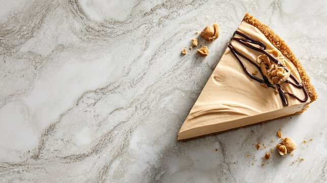 A modern flat lay of peanut butter pie styled asymmetrically on a marble surface with refined editorial composition and subtle reflections