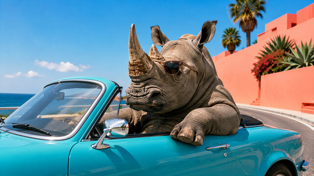 Rhinoceros driving turquoise convertible car as funny luxury road trip and travel concept