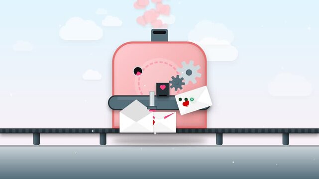 Automated Love Letter Factory Animation with Envelopes and Hearts on Conveyor Belt for Valentines Day