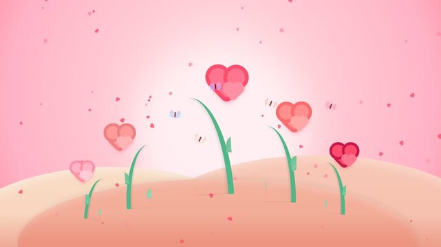 Animated heart shaped flowers blooming in pastel landscape for romantic video background