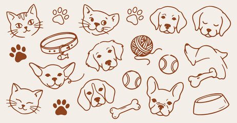 playful pets seamless pattern, hand drawn dog cat line art, pet toys collar vector illustration, canine feline doodle background, cute puppy kitten wallpaper, vintage pet supplies sketch print, contin © Geetaroy