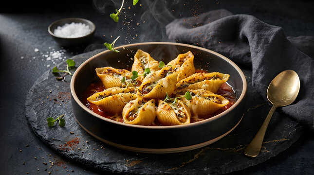 Delicious baked stuffed shells pasta in tomato sauce with fresh herbs dinner party comfort food cheese stuffed dark background