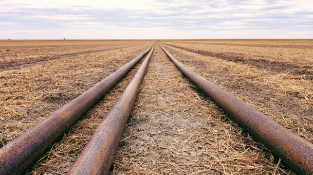 Long, straight line of rusty pipes running parallel to each other in the middle of a vast, open field. the pipes appear to be old and weathered, with visible signs of wear and tear.