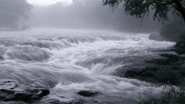 Black and white photograph of a river flowing through a forest. the river is surrounded by rocks and trees, and the water is turbulent and choppy.