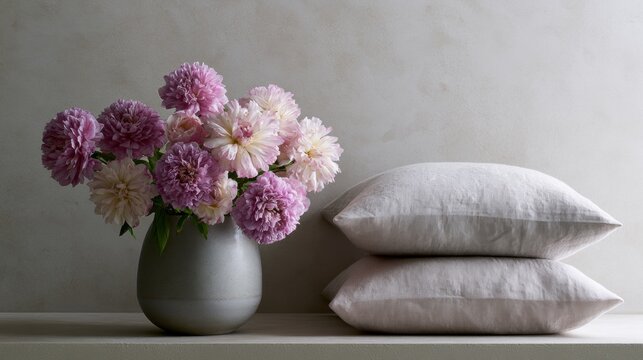 Vase of pink and white flowers on a white shelf against a plain white wall. the vase is made of a light-colored material and has a round shape with a narrow neck.