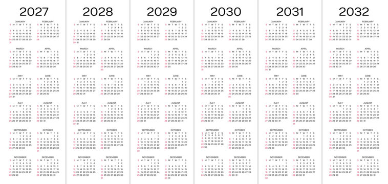 2027, 2028, 2029, 2030, 2031 2032 years calendar. Week starts Sunday. Simple calender grids.. Planner template with 12 months. Yearly diary layout. Organizer in English. Vector illustration