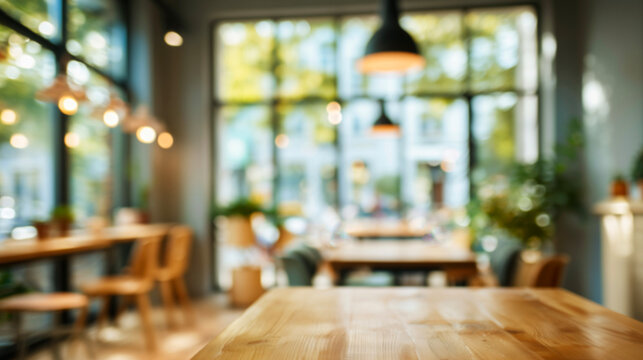 カフェとテーブルの木目が美しくぼやけた温かみのある店内