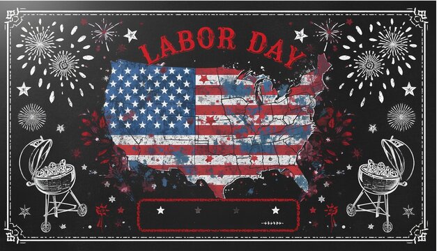 Labor Day celebration background. USA map with fireworks and barbecue grill illustration.