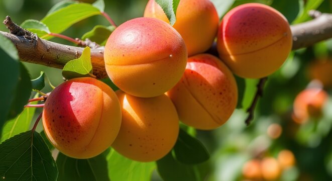 Ripe Apricots on Tree Branch, Healthy Organic Fruit, Summer Harvest