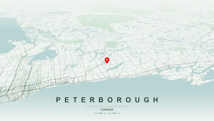 Modern minimalist vector map of Peterborough, Ontario. High-quality scalable illustration of Peterborough geographic boundaries along the Otonabee River and Trent-Severn Waterway for posters design. © AliRza