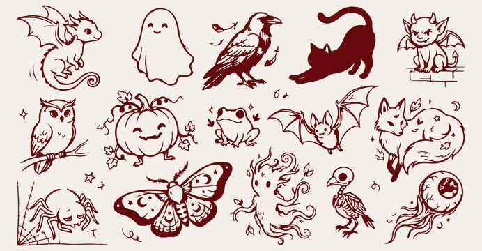spooky halloween doodle seamless pattern, ghost crow cat background, pumpkin bat frog vector, moth skeleton key doodle, magic gothic linear illustration, halloween night line art, creepy halloween rep