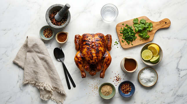 Whole roasted chicken platter with fresh herbs spices and citrus top view ingredients culinary delicious gastronomy preparation