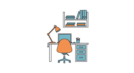 Home office workspace with desk chair and bookshelves © vanc