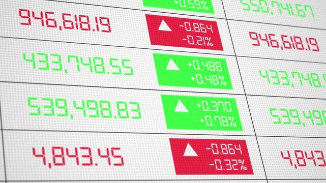 White table stock prices arrow plus and minus, numbers of data price moving plus and minus financial stock economy market screen display investment trading real time
