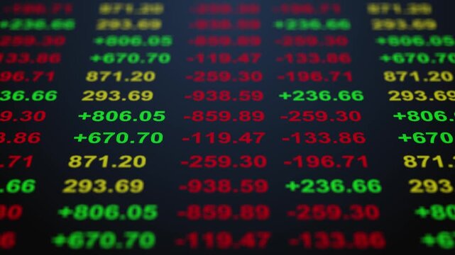 Table stock prices and numbers of data price moving plus and minus financial stock economy market screen display investment trading real time