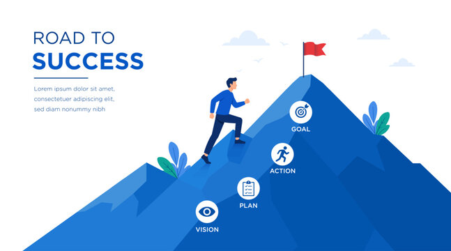 Road to success vector illustration with a businessman climbing a mountain through vision, plan, action, and goal. Modern flat business concept for banner, presentation, career growth, leadership