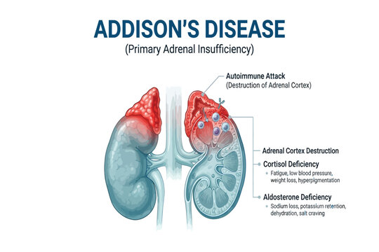 Anatomy vector illustration of adrenal gland destruction causing primary adrenal insufficiency and hormone deficiency