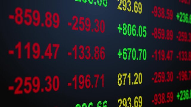 Table stock prices and numbers of data price moving plus and minus financial stock economy market screen display investment trading real time