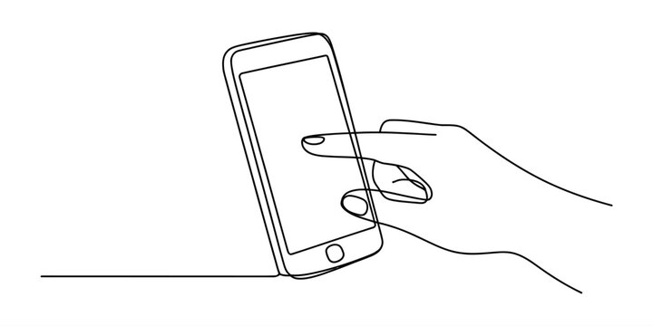 Continuous single line drawing of a human hand touching a smartphone screen to use mobile apps for communication and digital technology connection concepts
