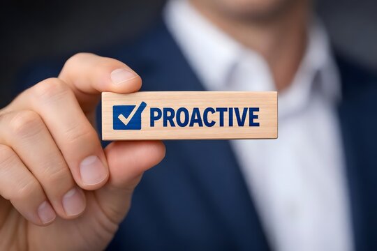 Proactive or reactive solution initiative concept. Businessman hold wooden block with checkmark and text proactive.