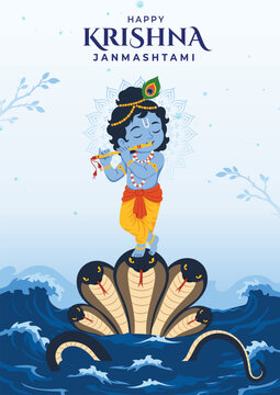 Krishna Playing Flute on Serpent Kaliya Naag Janmashtami Poster Design