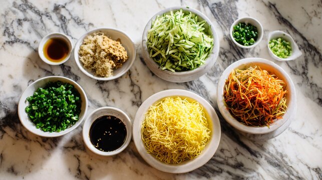 A bright kitchen salad preparation flat lay with shredded vegetables, miso paste, sesame oil, green onions, and crispy noodles organized neatly on a polished marble countertop