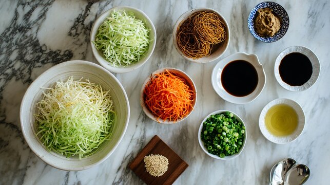 A bright kitchen salad preparation flat lay with shredded vegetables, miso paste, sesame oil, green onions, and crispy noodles organized neatly on a polished marble countertop