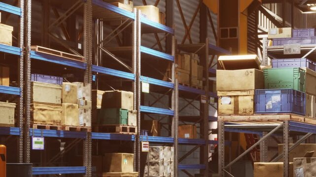 The scene shows a storage area in a warehouse filled with stacked boxes on metal shelves. The space is well organized, and the sunlight comes in through the windows.