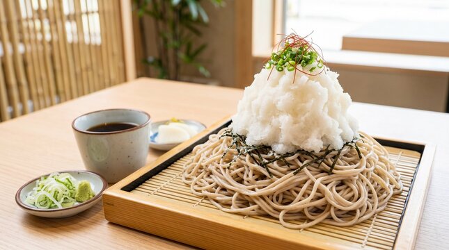 大盛りのざるそばに山盛りの大根おろしが盛られている「超おろし大盛りざるそば」のクローズアップポートレート