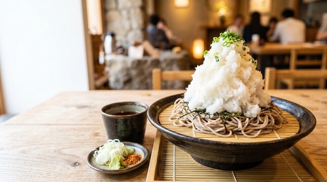 大盛りのざるそばに山盛りの大根おろしが盛られている「超おろし大盛りざるそば」のクローズアップポートレート